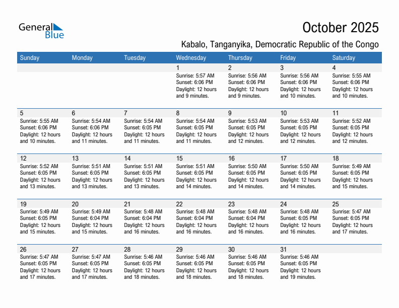 Kabalo October 2025 sunrise and sunset calendar in PDF, Excel, and Word