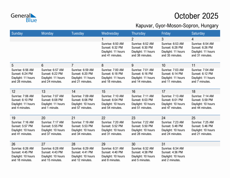 Kapuvar October 2025 sunrise and sunset calendar in PDF, Excel, and Word