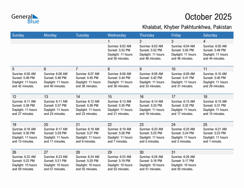 Khalabat October 2025 sunrise and sunset calendar in PDF, Excel, and Word