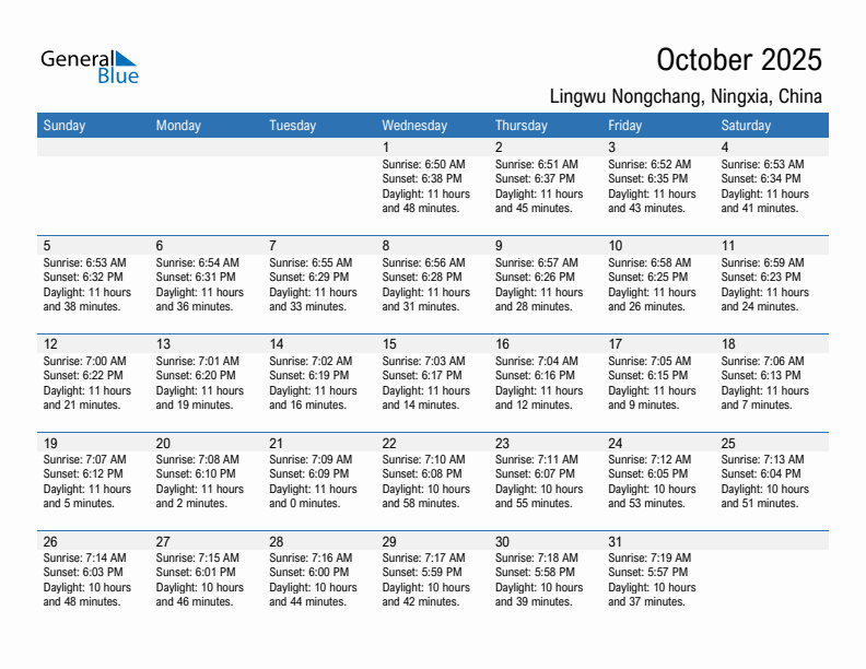 Lingwu Nongchang October 2025 sunrise and sunset calendar in PDF, Excel, and Word