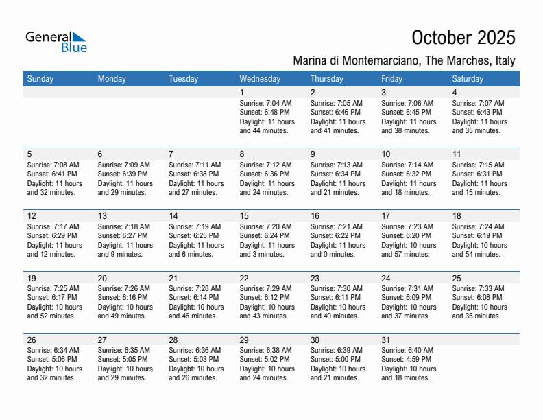 Marina di Montemarciano October 2025 sunrise and sunset calendar in PDF, Excel, and Word