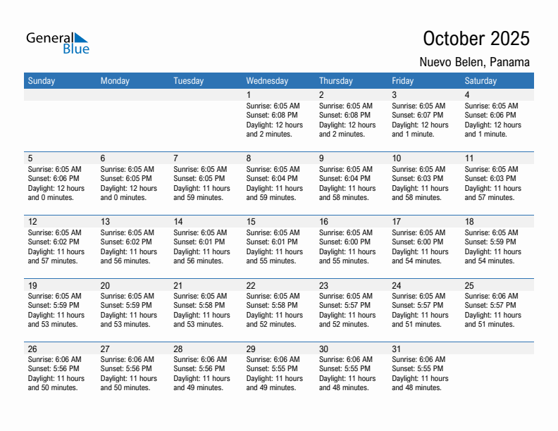 Nuevo Belen October 2025 sunrise and sunset calendar in PDF, Excel, and Word