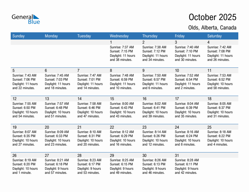 Olds October 2025 sunrise and sunset calendar in PDF, Excel, and Word