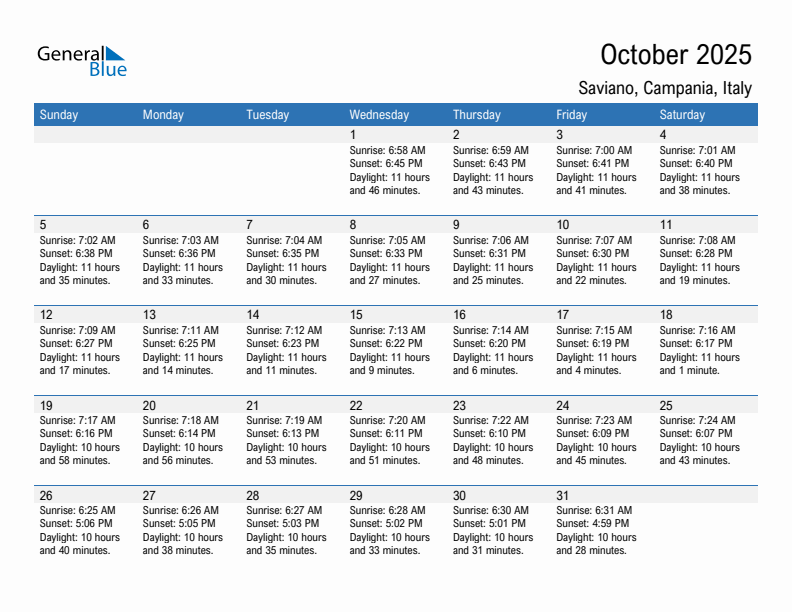 Saviano October 2025 sunrise and sunset calendar in PDF, Excel, and Word