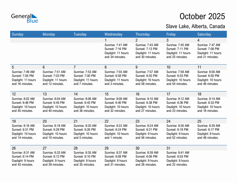 Slave Lake October 2025 sunrise and sunset calendar in PDF, Excel, and Word