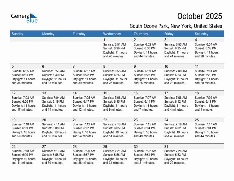 South Ozone Park October 2025 sunrise and sunset calendar in PDF, Excel, and Word