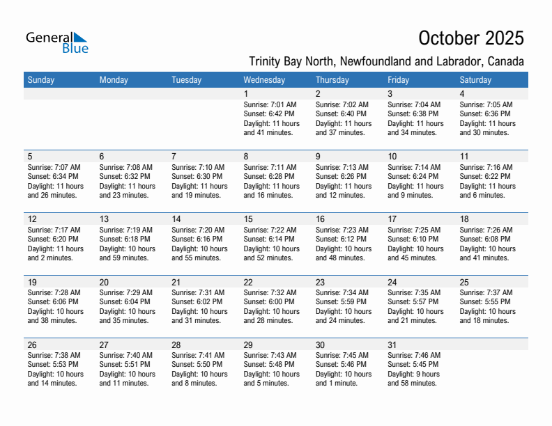 Trinity Bay North October 2025 sunrise and sunset calendar in PDF, Excel, and Word