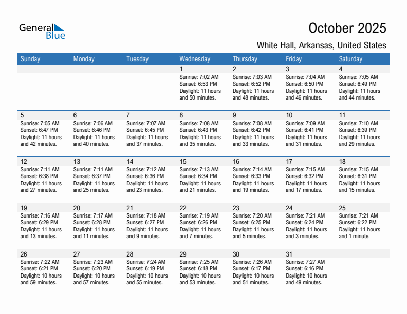 White Hall October 2025 sunrise and sunset calendar in PDF, Excel, and Word