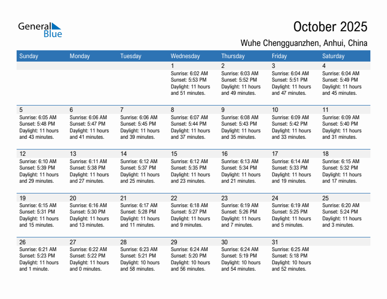 Wuhe Chengguanzhen October 2025 sunrise and sunset calendar in PDF, Excel, and Word