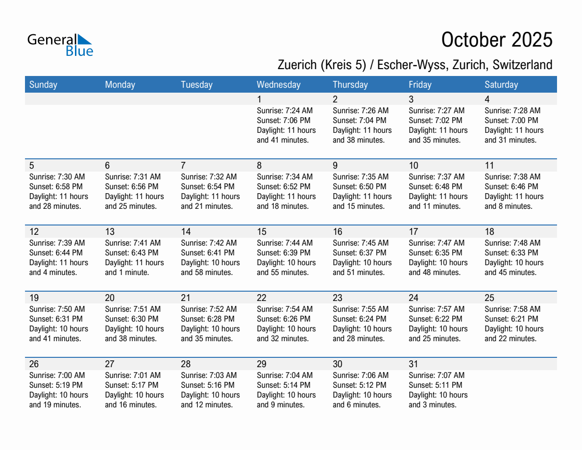 October 2025 Sunrise And Sunset Calendar For Zuerich (kreis 5)   Escher 