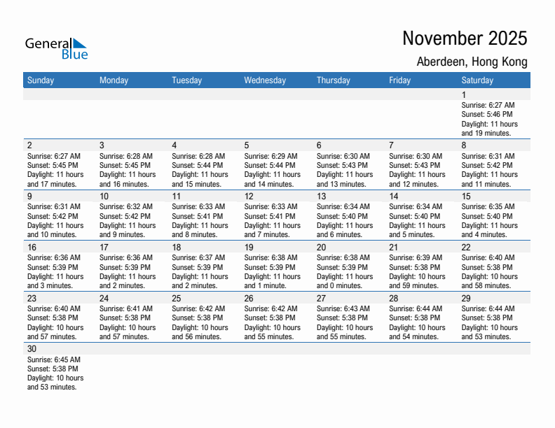 Aberdeen November 2025 sunrise and sunset calendar in PDF, Excel, and Word