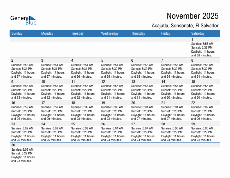 Acajutla November 2025 sunrise and sunset calendar in PDF, Excel, and Word