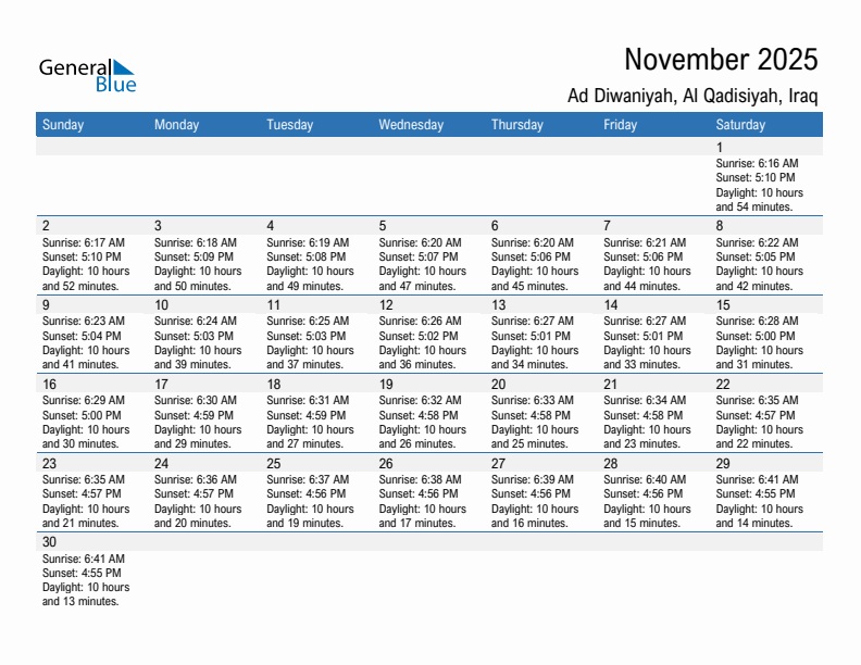 Ad Diwaniyah November 2025 sunrise and sunset calendar in PDF, Excel, and Word