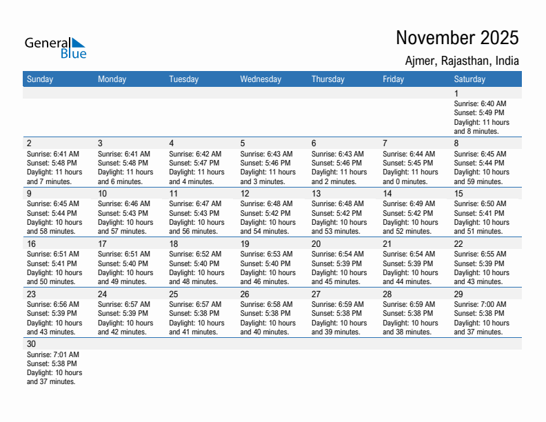 Ajmer November 2025 sunrise and sunset calendar in PDF, Excel, and Word