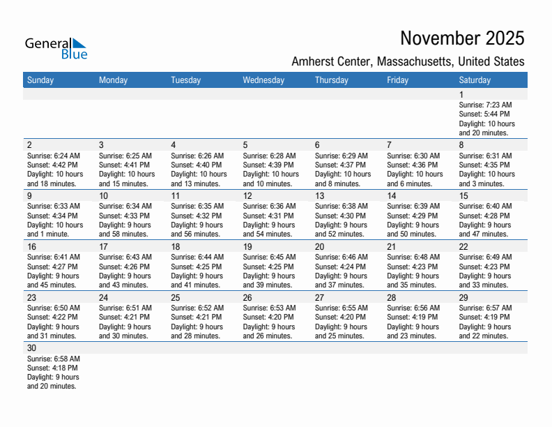 Amherst Center November 2025 sunrise and sunset calendar in PDF, Excel, and Word