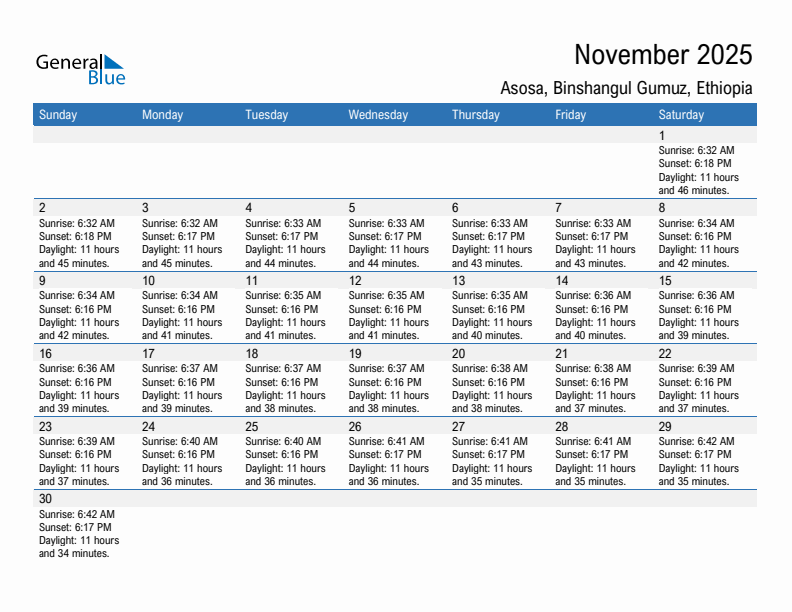 Asosa November 2025 sunrise and sunset calendar in PDF, Excel, and Word