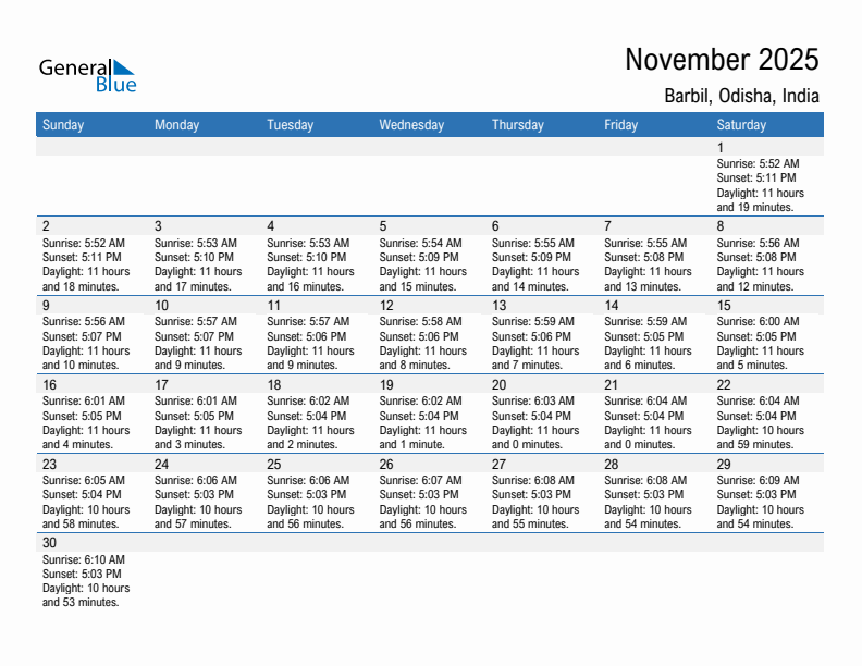 Barbil November 2025 sunrise and sunset calendar in PDF, Excel, and Word