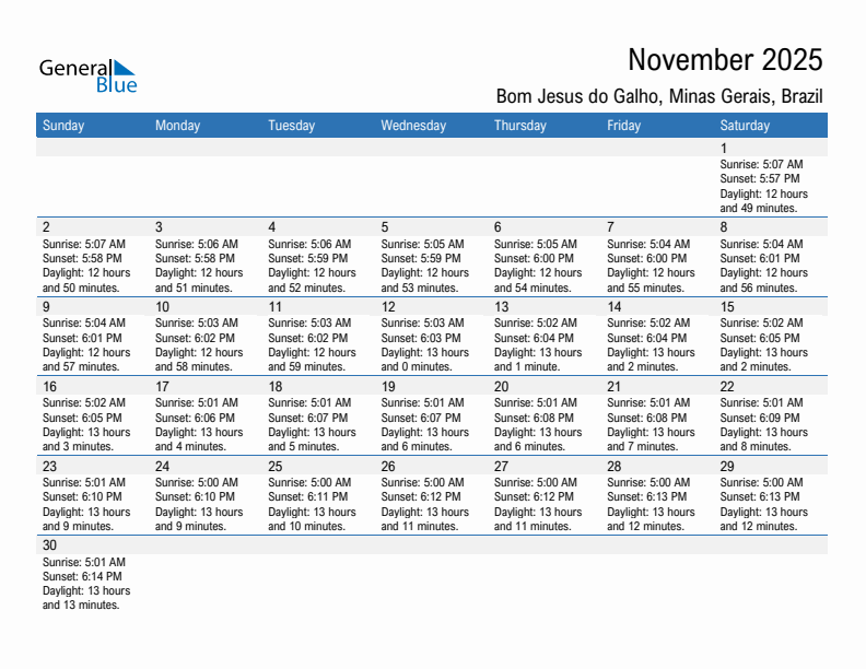 Bom Jesus do Galho November 2025 sunrise and sunset calendar in PDF, Excel, and Word