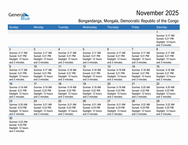 Bongandanga November 2025 sunrise and sunset calendar in PDF, Excel, and Word