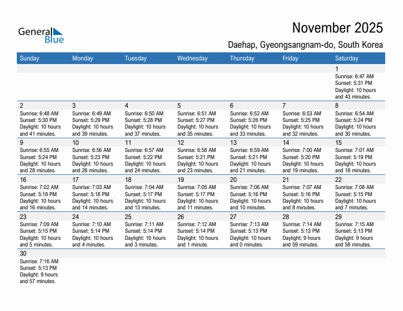 Daehap November 2025 sunrise and sunset calendar in PDF, Excel, and Word