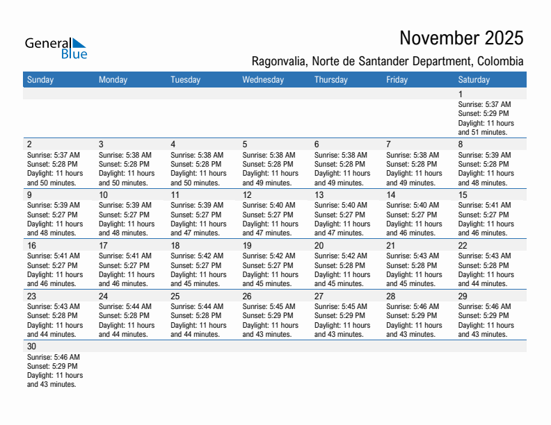 Ragonvalia November 2025 sunrise and sunset calendar in PDF, Excel, and Word