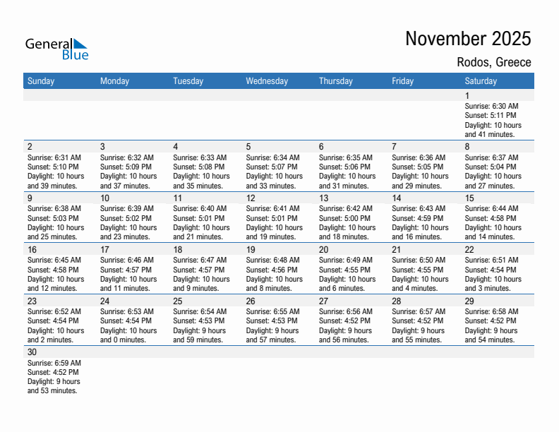 Rodos November 2025 sunrise and sunset calendar in PDF, Excel, and Word