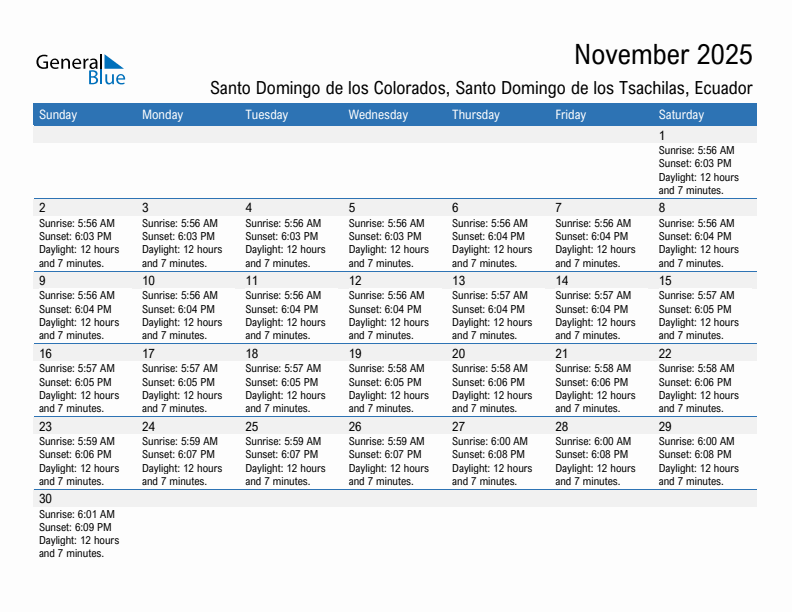 Santo Domingo de los Colorados November 2025 sunrise and sunset calendar in PDF, Excel, and Word