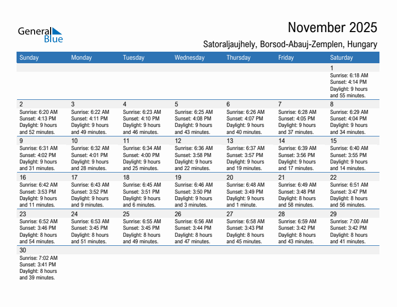 Satoraljaujhely November 2025 sunrise and sunset calendar in PDF, Excel, and Word