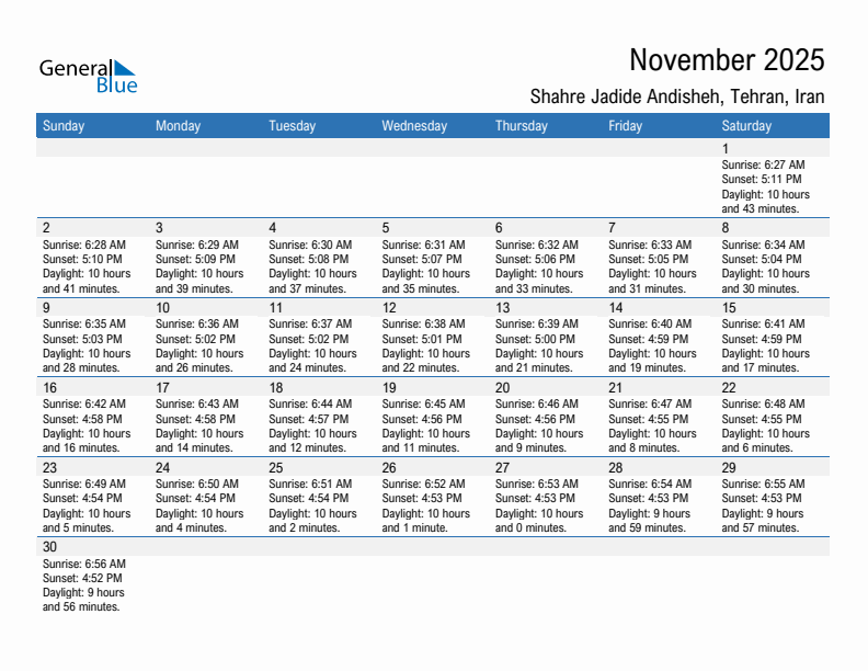 Shahre Jadide Andisheh November 2025 sunrise and sunset calendar in PDF, Excel, and Word