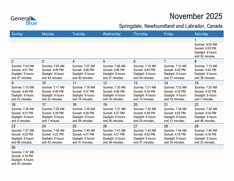 Springdale November 2025 sunrise and sunset calendar in PDF, Excel, and Word