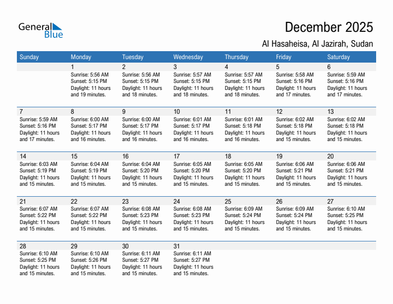 Al Hasaheisa December 2025 sunrise and sunset calendar in PDF, Excel, and Word