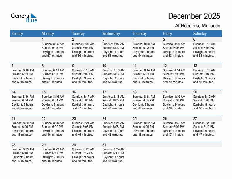 Al Hoceima December 2025 sunrise and sunset calendar in PDF, Excel, and Word