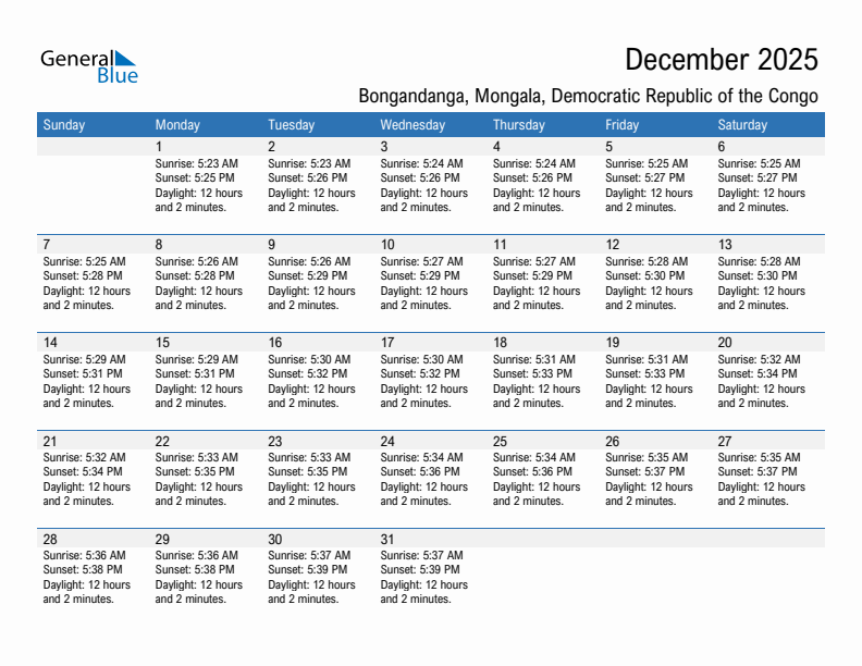 Bongandanga December 2025 sunrise and sunset calendar in PDF, Excel, and Word