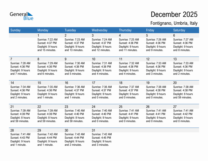 Fontignano December 2025 sunrise and sunset calendar in PDF, Excel, and Word