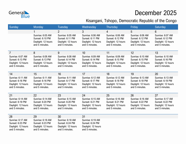 Kisangani December 2025 sunrise and sunset calendar in PDF, Excel, and Word