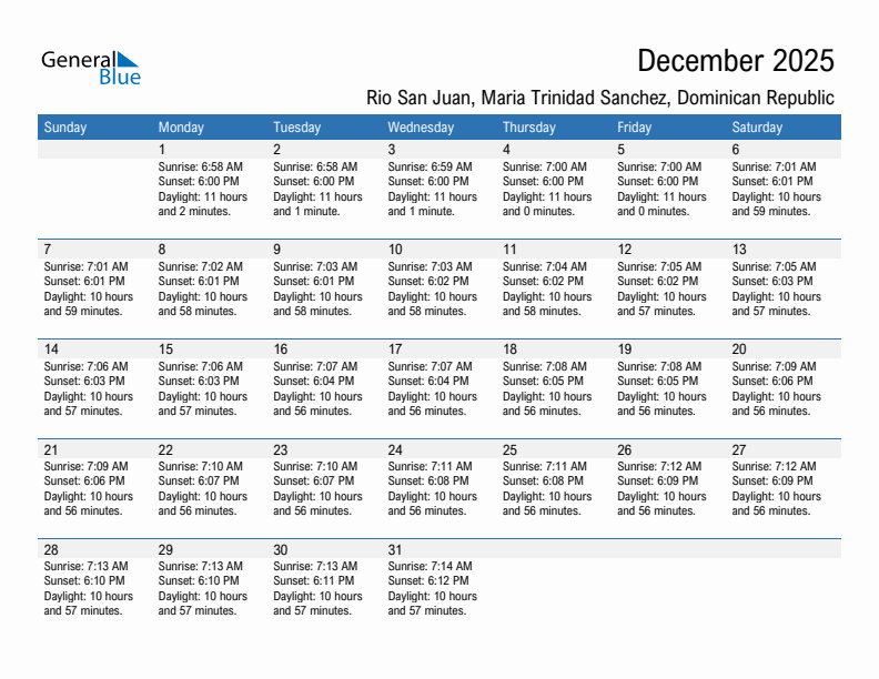 Rio San Juan December 2025 sunrise and sunset calendar in PDF, Excel, and Word