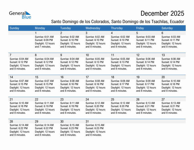 Santo Domingo de los Colorados December 2025 sunrise and sunset calendar in PDF, Excel, and Word