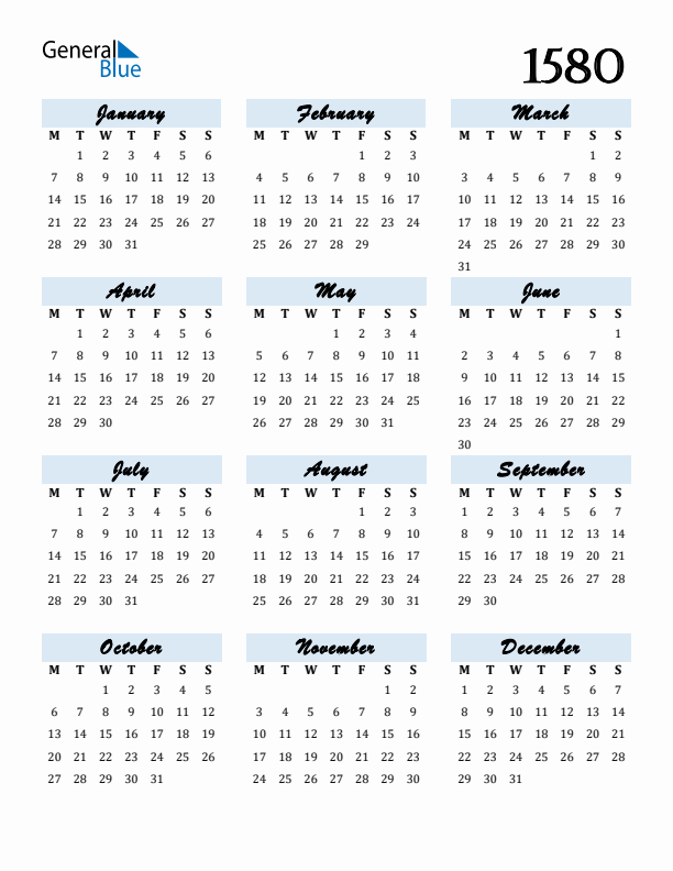 Calendar 1580 Free Download and Print
