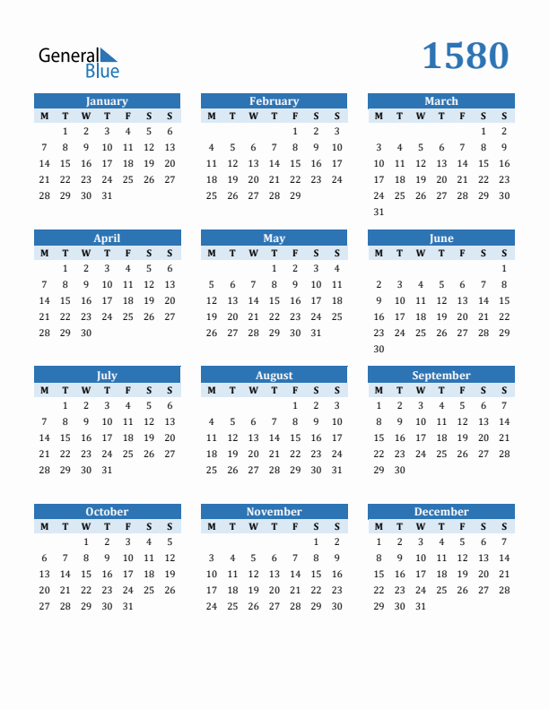 1580 Year Calendar with Monday Start