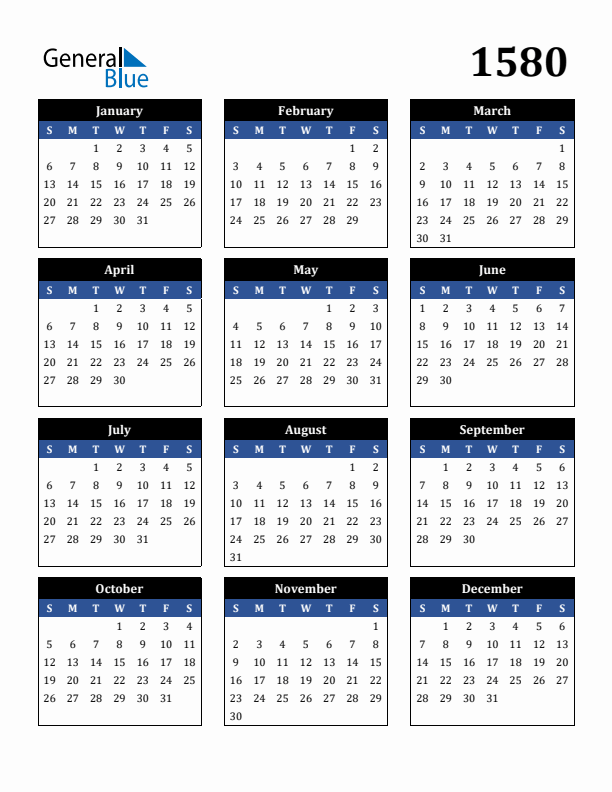 Editable Calendar 1580 - Sunday Start
