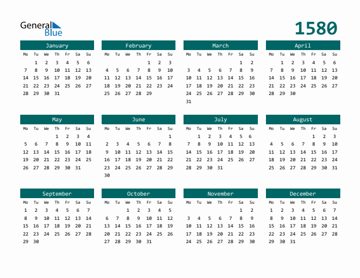 Downloadable 1580 Calendar