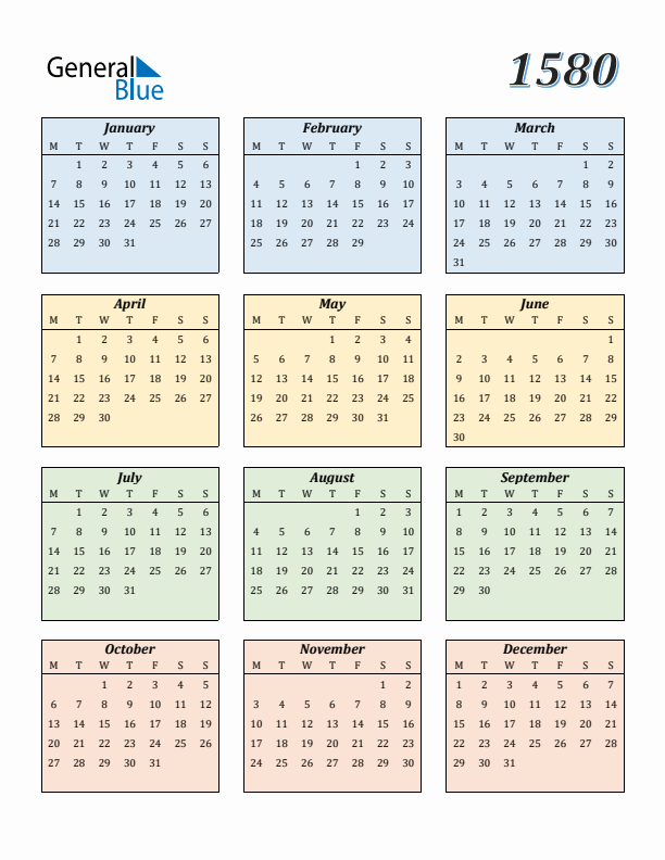 Calendar for 1580 (Monday Start)