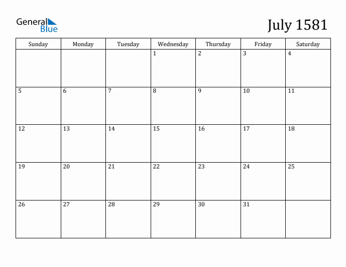 July 1581 Calendar