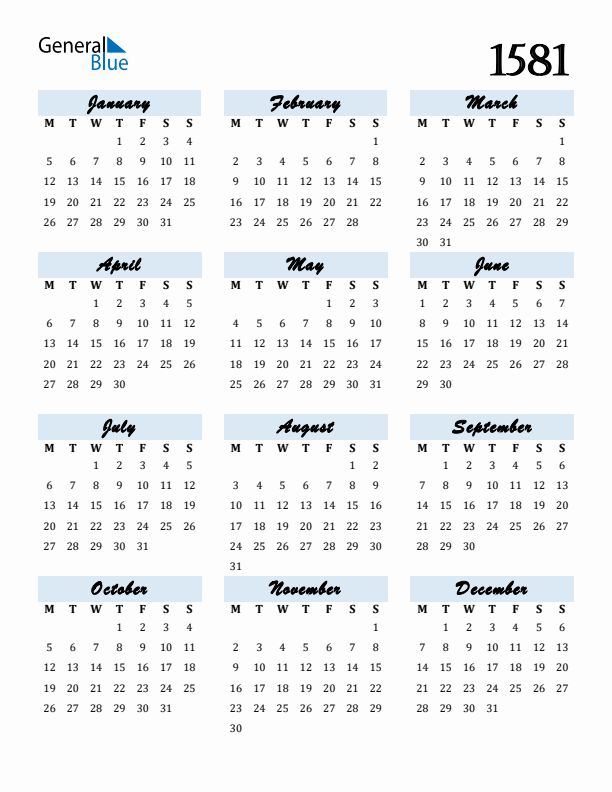 Calendar 1581 Free Download and Print