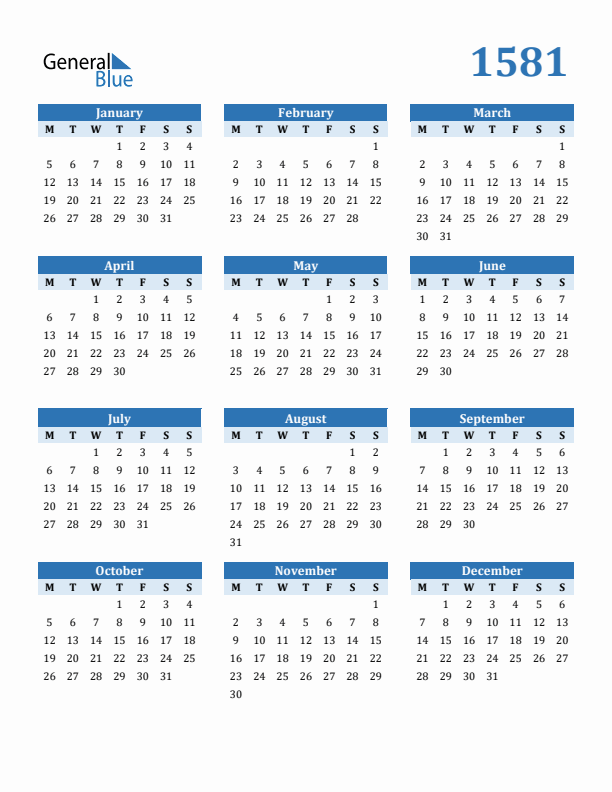1581 Year Calendar with Monday Start