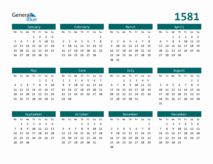 Downloadable 1581 Calendar