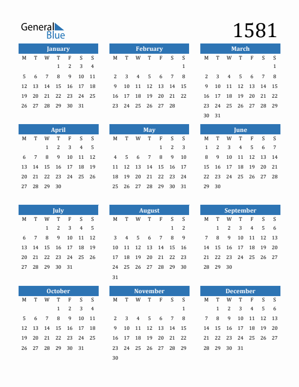 1581 Calendar