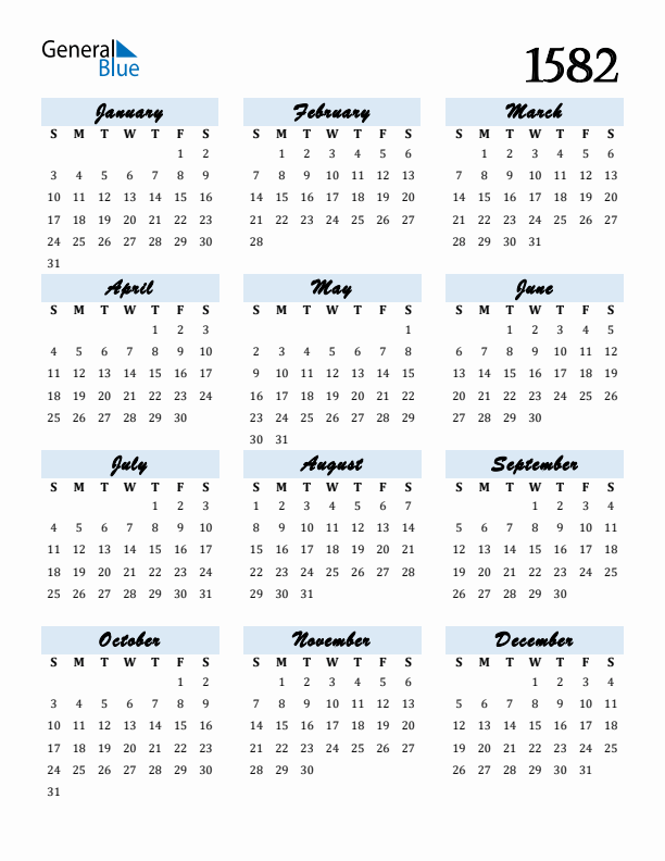 Free 1582 Calendars in PDF Word Excel