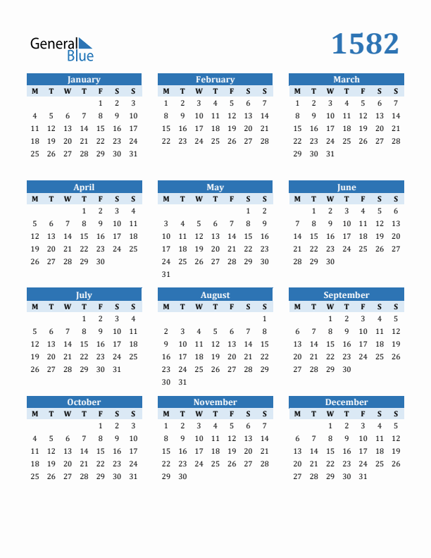 1582 Year Calendar with Monday Start