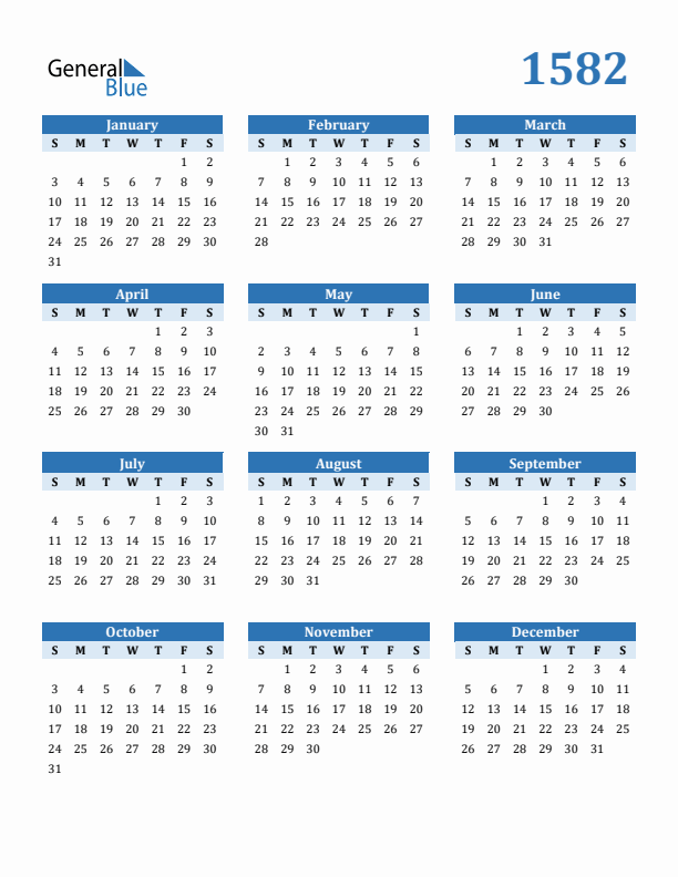 1582 Year Calendar with Sunday Start